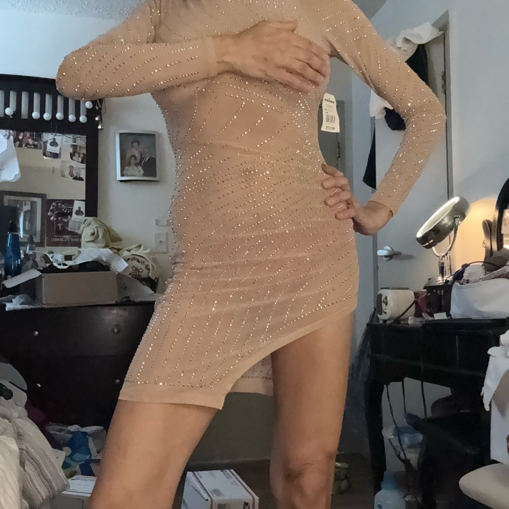 Elegant Nude Long Sleeve Dress